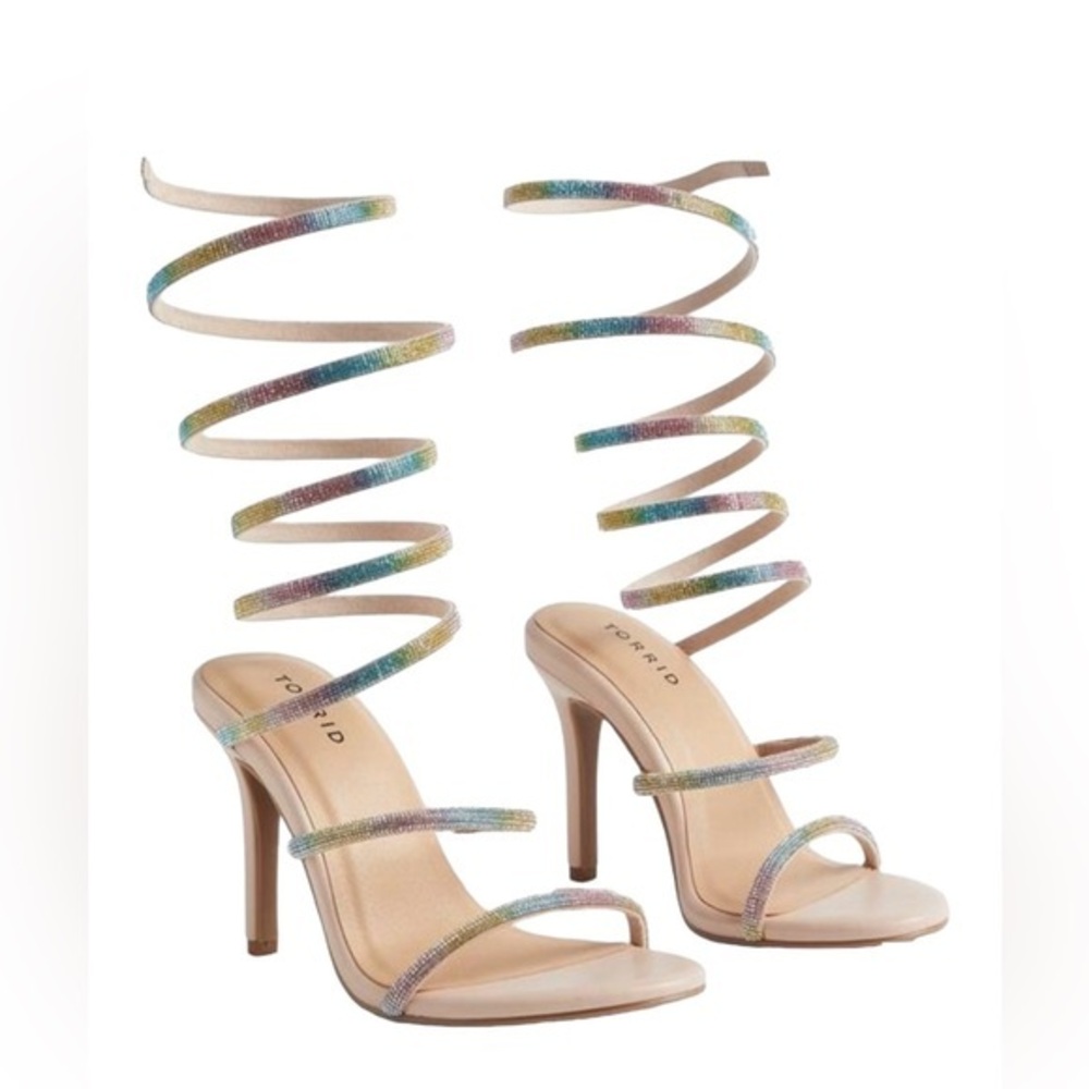 Torrid Lace Up Embroidered Heel Sandal‎ rainbow sparkle rhinestone lace up 7.5WW